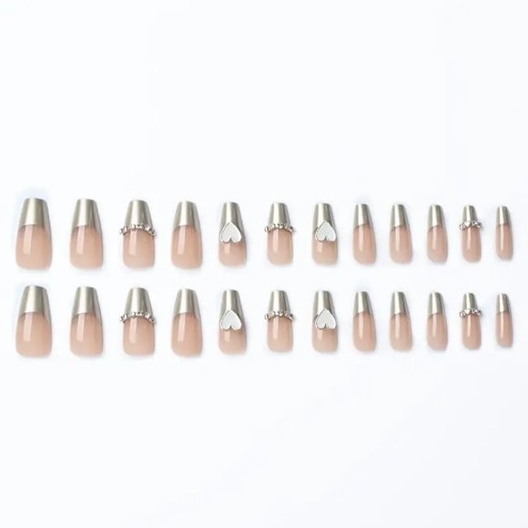 NWT Press On Nails French 3D Hearts & Rhinestone Coffin Fake Nails - Picture 4 of 5